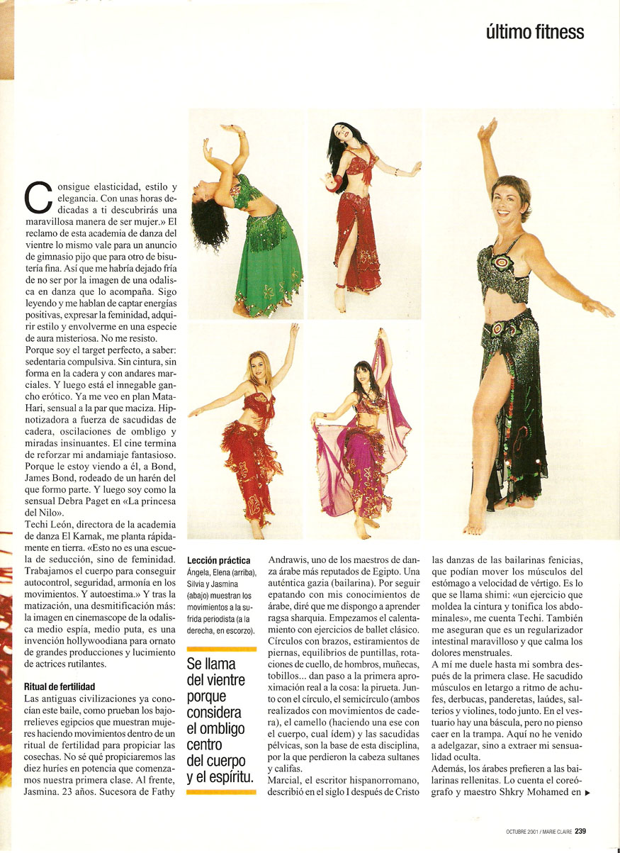 Reportajes de prensa de Yasmina Andrawis y la Academia Danza Oriental El Karnak en revista Marie Claire